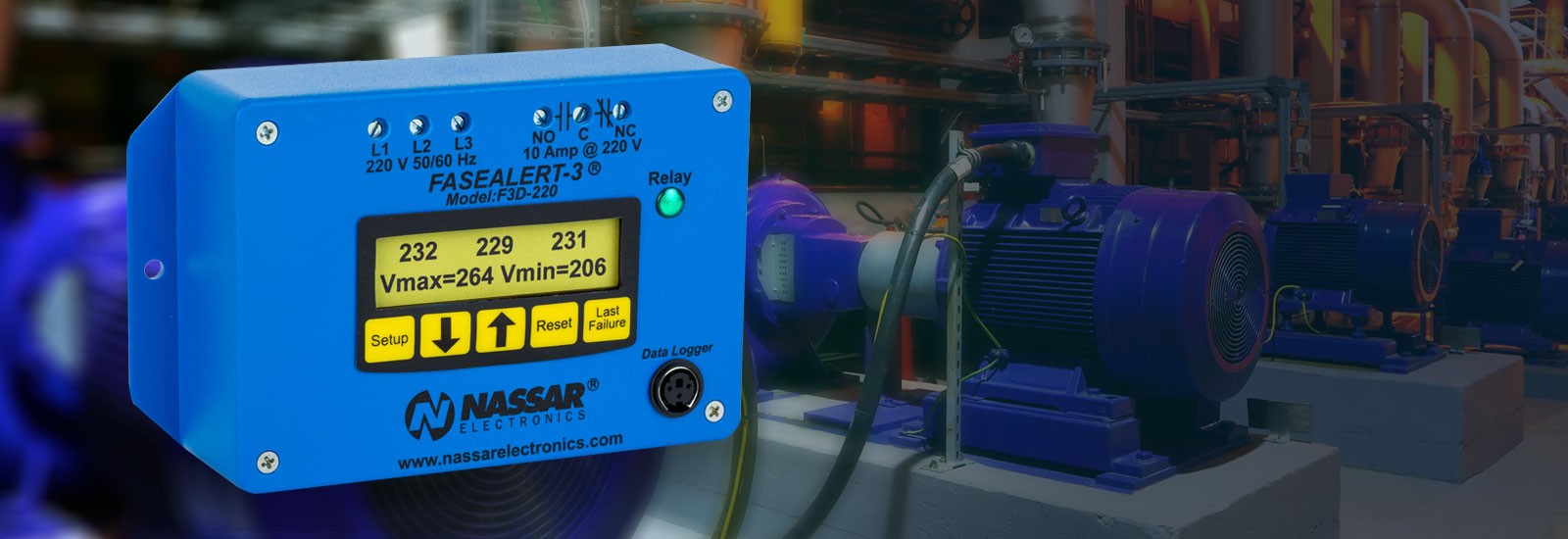 FaseAlert-3 de Nassar Electronics.  Protege motores y equipos contra fallas de voltajes